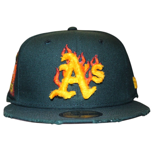 Oakland Athletics Dark Green Flames Distressed 59FIFTY FC EXCLUSIVE
