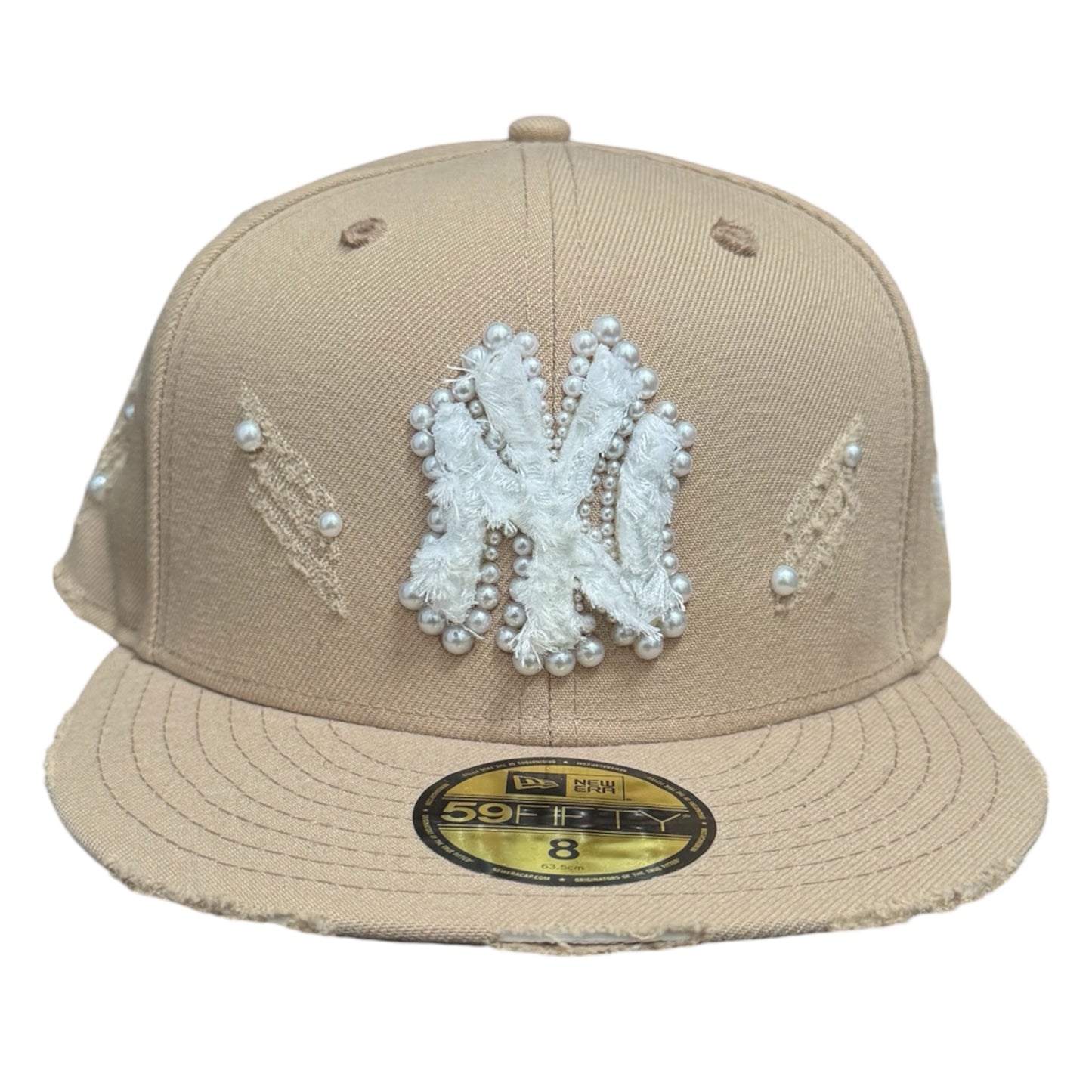 New York Yankees Beige All Over Pearls Distressed 59FIFTY FC Exclusive Custom