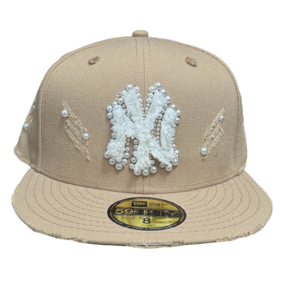 New York Yankees Beige All Over Pearls Distressed 59FIFTY FC Exclusive Custom