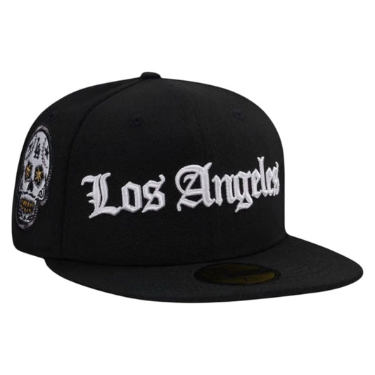 Los Angeles Dodgers Old English Script Black Skull 59FIFTY